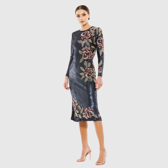 Mac Duggal SEQUINED ASYMMETRICAL FLORAL LONG SLEEVE MIDI DRESS midnight 8 $598 - Picture 4 of 4